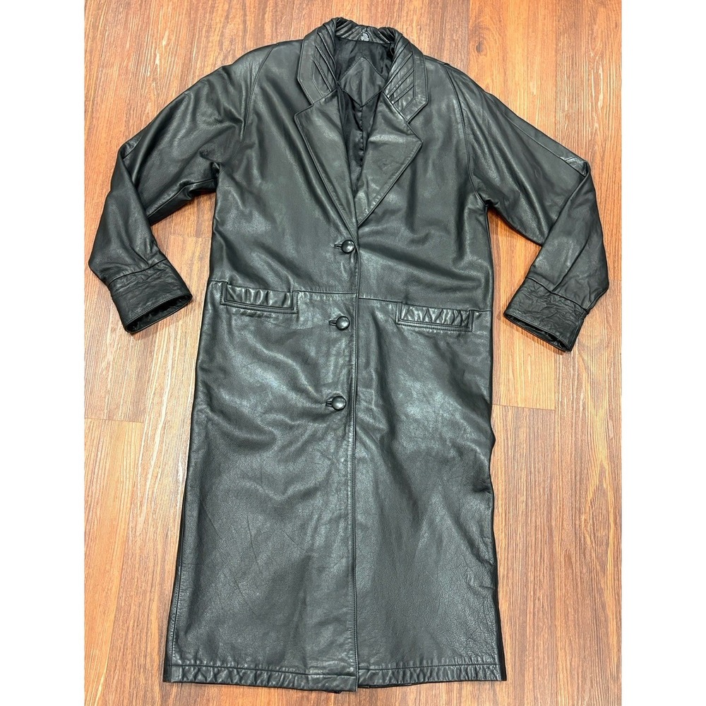 Jacqueline Ferrar Genuine Leather Women's Trench Coat Jacket Size Small Black